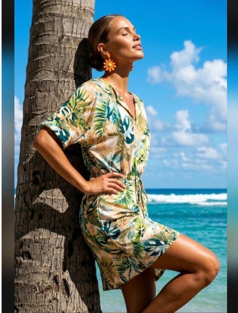 Chico's Tropical Leaf Stretch Jersey Split Neck Dress Green Teal Tan 2 L 12/14